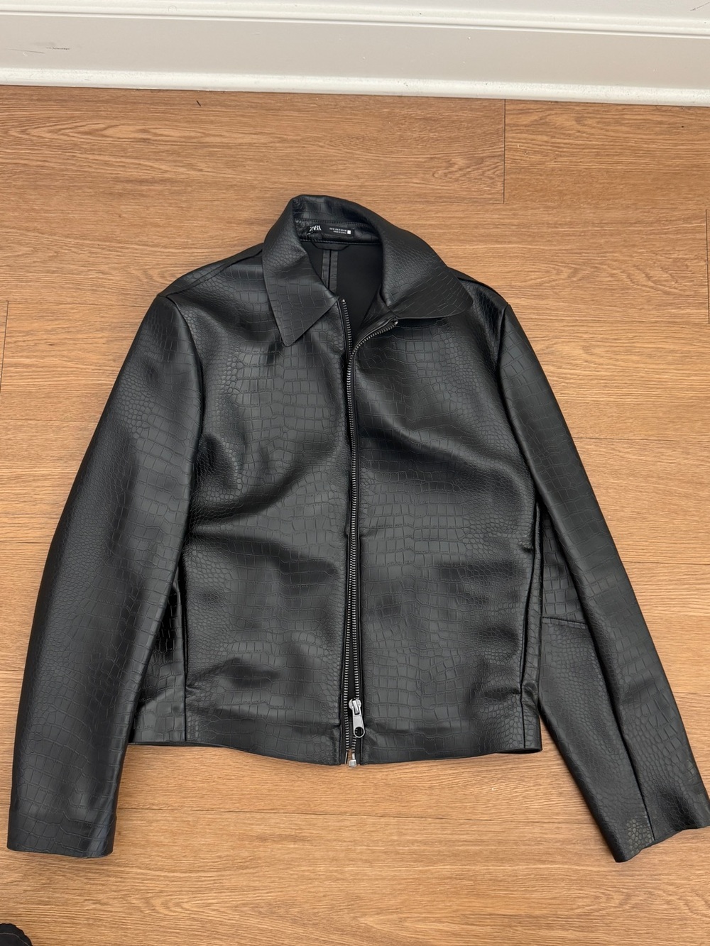 Zara Black Croc-Embossed Faux Leather Zip Jacket